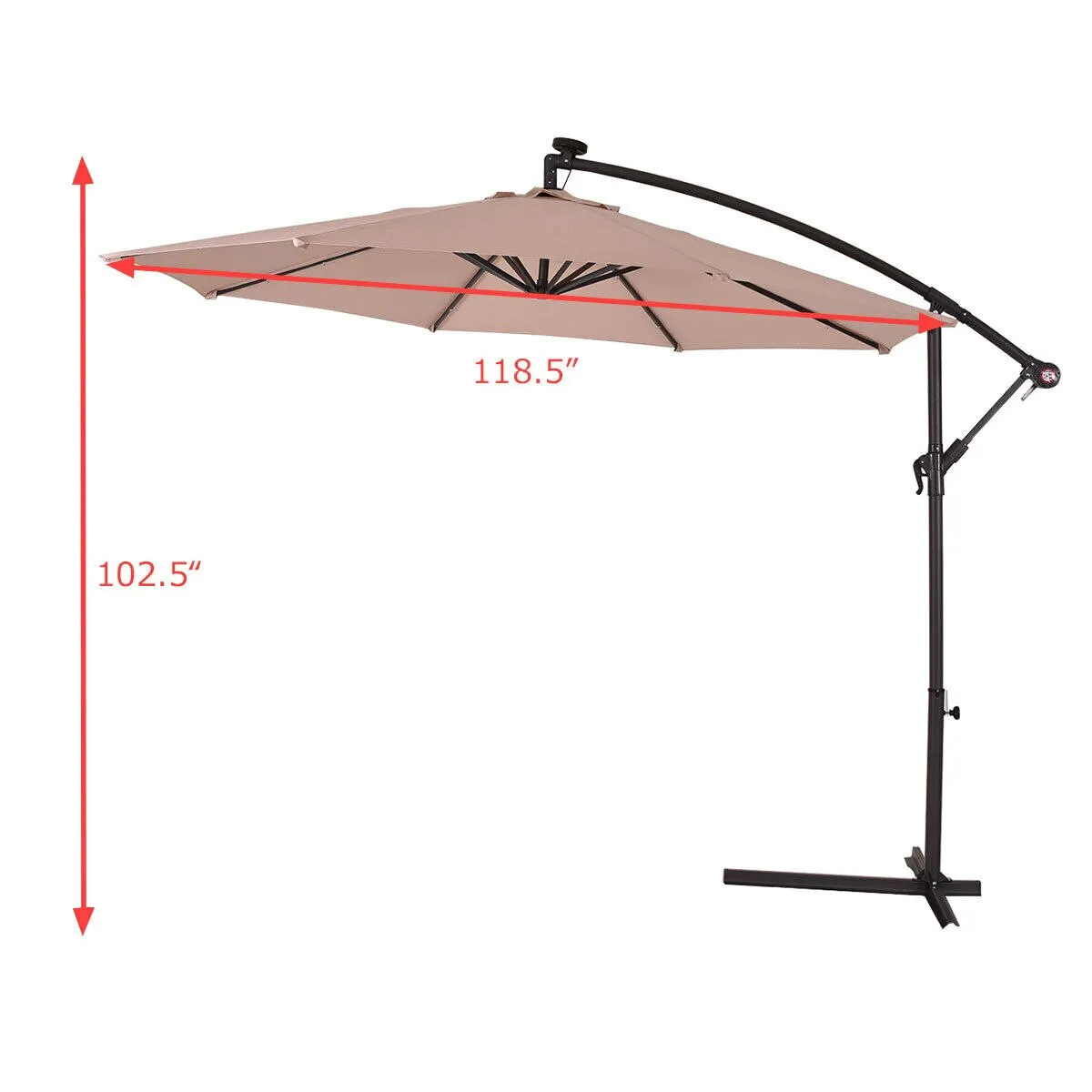 10' Hanging Solar LED Umbrella Patio Sun Shade Offset Market W/Base