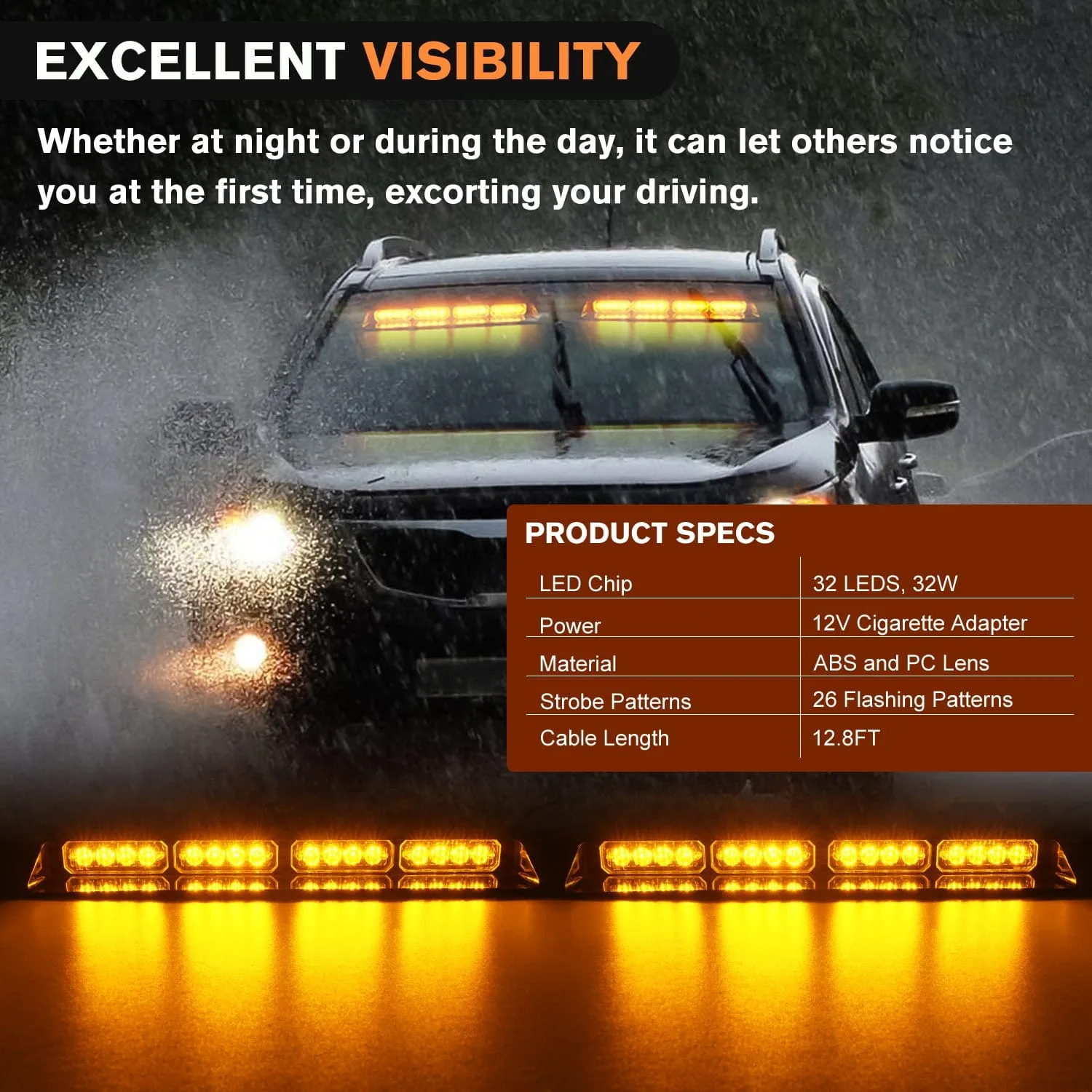 32LED Amber Emergency Dash Strobe Lights with Controller Suction Cups