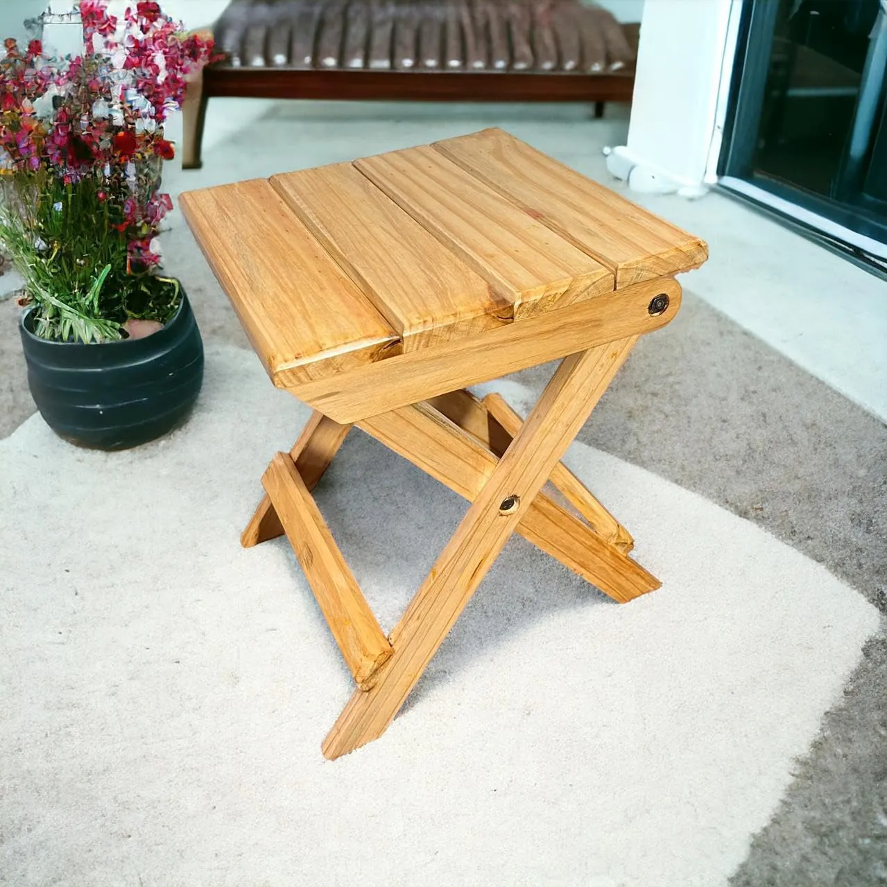 Daim - Handmade-Wooden-Outdoor Adirondack 12 Inches Natural Square Foldable Coffee Table,Patio End Table,for Pool Side Garden,Living Room,Bed Room,Small Spaces,Bed Side Table,Planter Stand