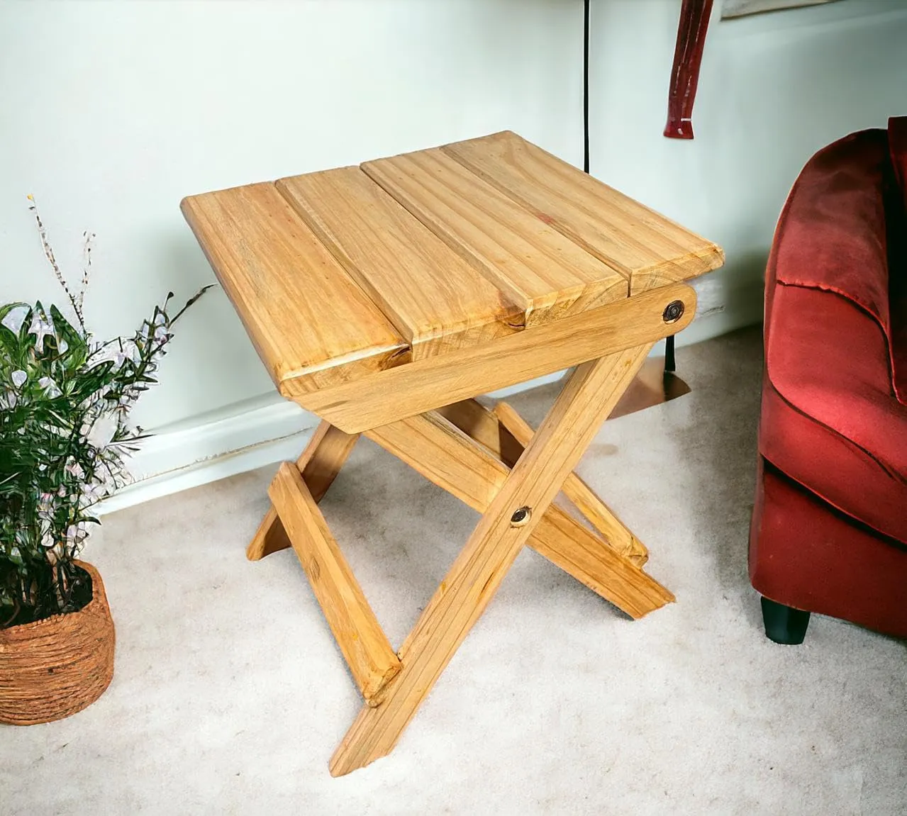 Daim - Handmade-Wooden-Outdoor Adirondack 12 Inches Natural Square Foldable Coffee Table,Patio End Table,for Pool Side Garden,Living Room,Bed Room,Small Spaces,Bed Side Table,Planter Stand