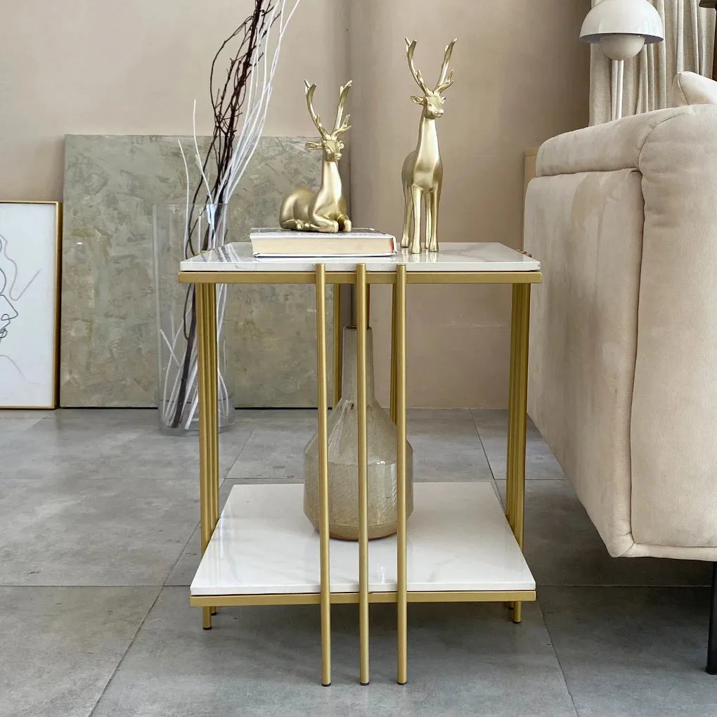 Double Layer Marble Top Coffee Table Gold Legs