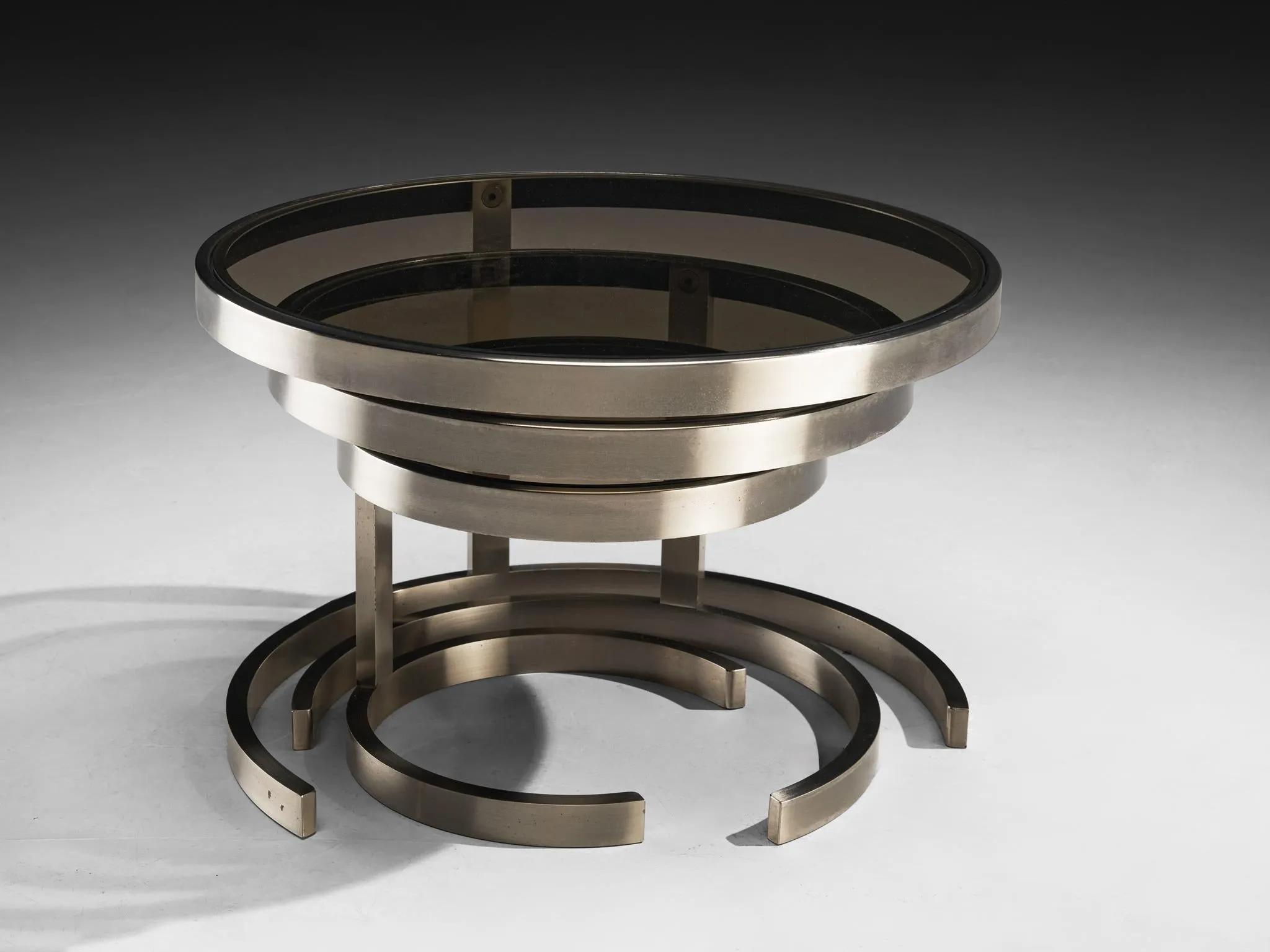 French Set of Three Nesting Tables in Steel and Smoked Glass