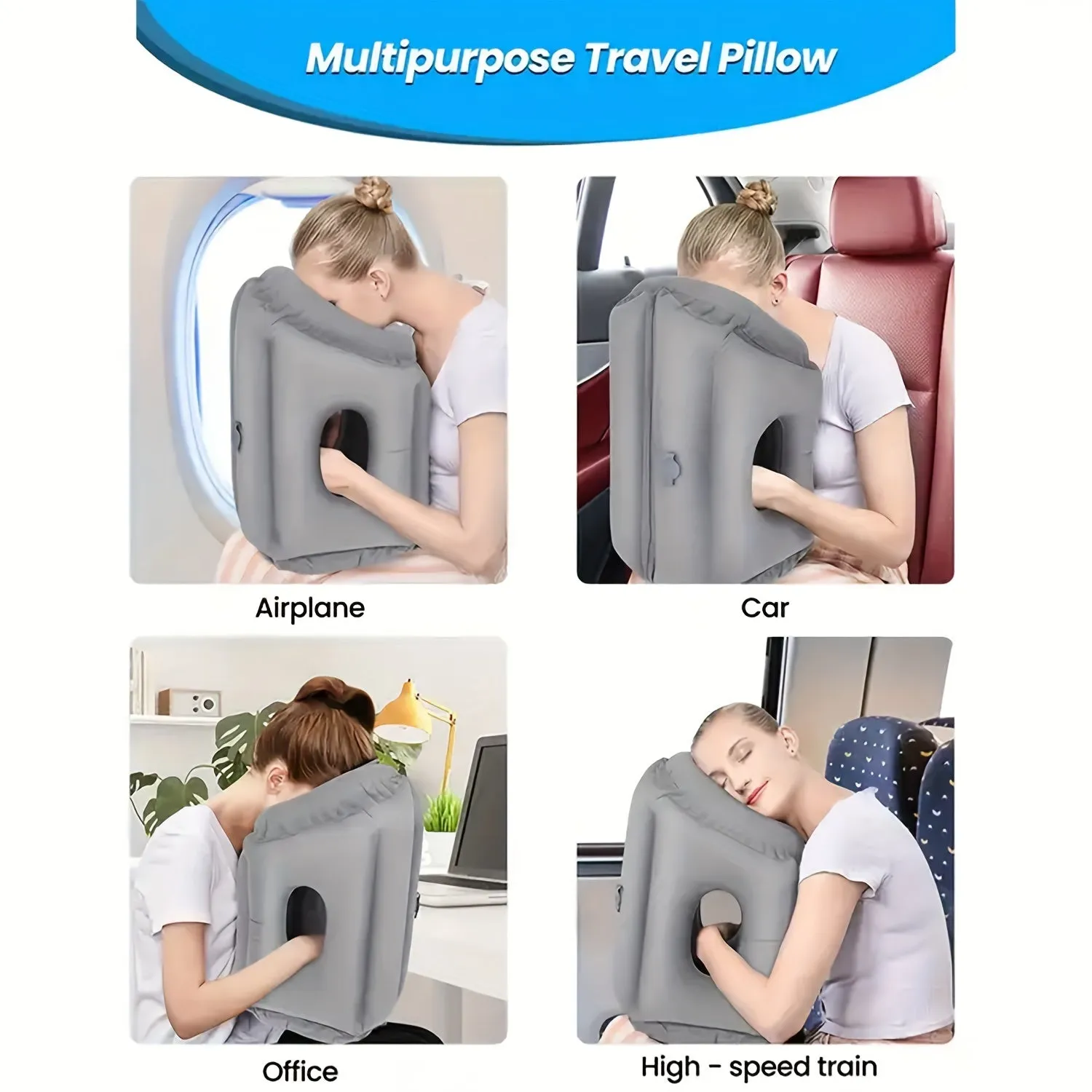 Inflatable Travel Air Pillow for Sleeping to Avoid Neck and Shoulder Pain Comfortably Support Head and Lumbar, Used for Airplane Car, Bus and Office Office Napping on The Tray Table Portable Drawstring Bag Grey