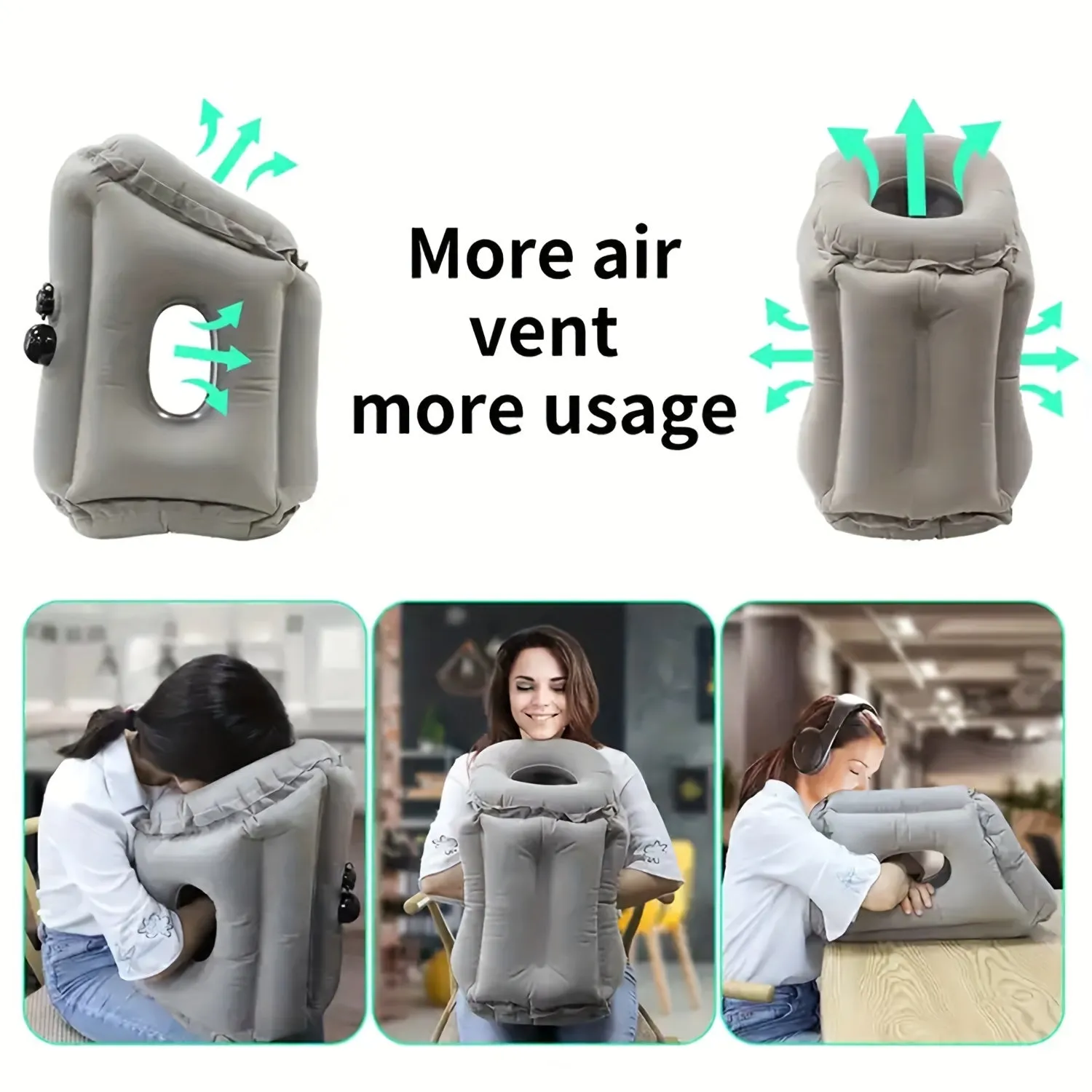 Inflatable Travel Air Pillow for Sleeping to Avoid Neck and Shoulder Pain Comfortably Support Head and Lumbar, Used for Airplane Car, Bus and Office Office Napping on The Tray Table Portable Drawstring Bag Grey