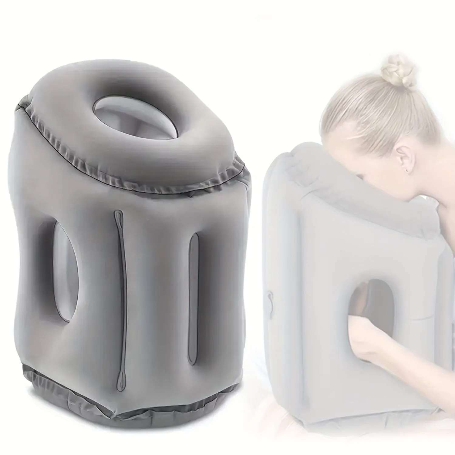 Inflatable Travel Air Pillow for Sleeping to Avoid Neck and Shoulder Pain Comfortably Support Head and Lumbar, Used for Airplane Car, Bus and Office Office Napping on The Tray Table Portable Drawstring Bag Grey