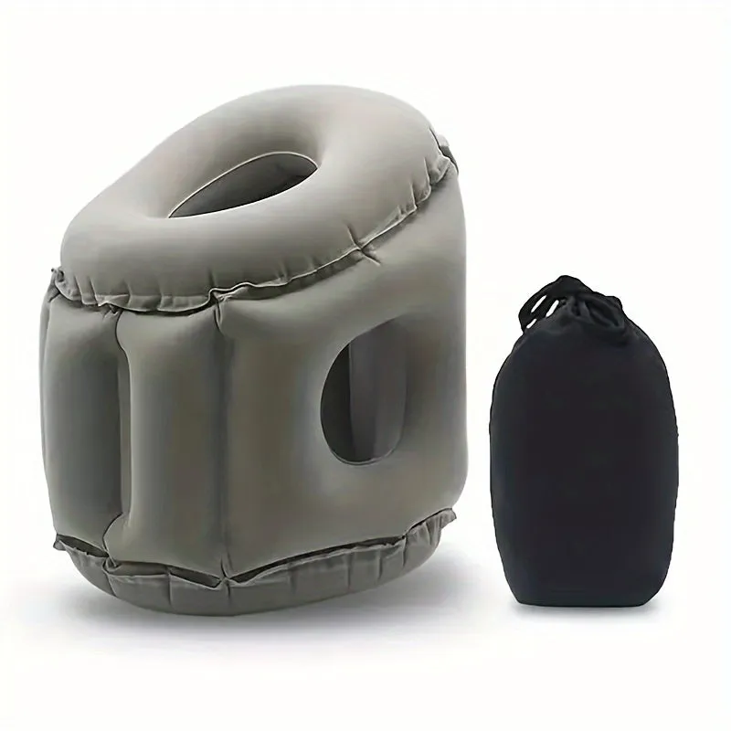 Inflatable Travel Air Pillow for Sleeping to Avoid Neck and Shoulder Pain Comfortably Support Head and Lumbar, Used for Airplane Car, Bus and Office Office Napping on The Tray Table Portable Drawstring Bag Grey