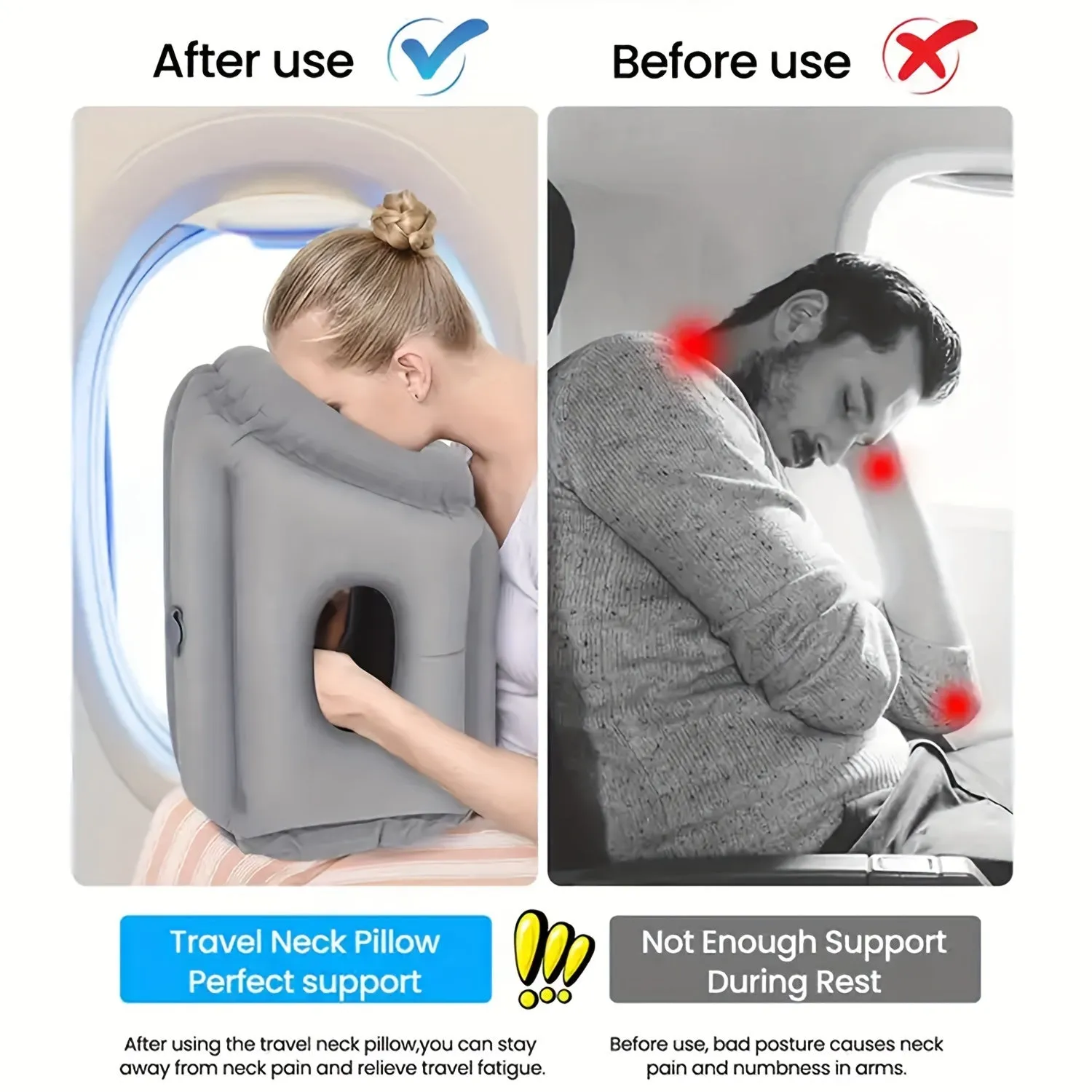 Inflatable Travel Air Pillow for Sleeping to Avoid Neck and Shoulder Pain Comfortably Support Head and Lumbar, Used for Airplane Car, Bus and Office Office Napping on The Tray Table Portable Drawstring Bag Grey