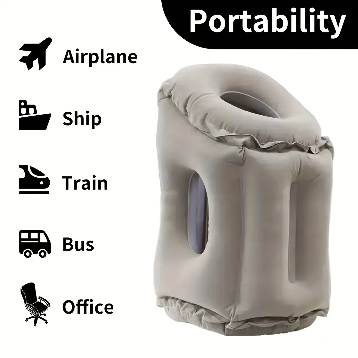 Inflatable Travel Air Pillow for Sleeping to Avoid Neck and Shoulder Pain Comfortably Support Head and Lumbar, Used for Airplane Car, Bus and Office Office Napping on The Tray Table Portable Drawstring Bag Grey