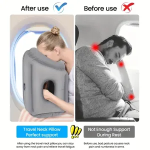 Inflatable Travel Air Pillow for Sleeping to Avoid Neck and Shoulder Pain Comfortably Support Head and Lumbar, Used for Airplane Car, Bus and Office Office Napping on The Tray Table Portable Drawstring Bag Grey