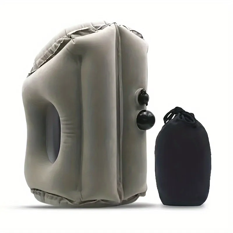 Inflatable Travel Air Pillow for Sleeping to Avoid Neck and Shoulder Pain Comfortably Support Head and Lumbar, Used for Airplane Car, Bus and Office Office Napping on The Tray Table Portable Drawstring Bag Grey