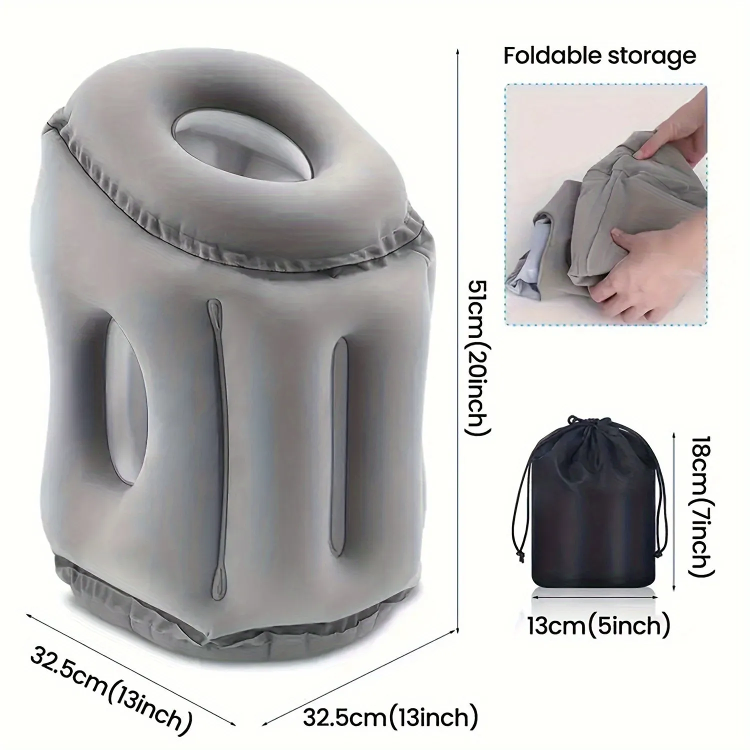 Inflatable Travel Air Pillow for Sleeping to Avoid Neck and Shoulder Pain Comfortably Support Head and Lumbar, Used for Airplane Car, Bus and Office Office Napping on The Tray Table Portable Drawstring Bag Grey
