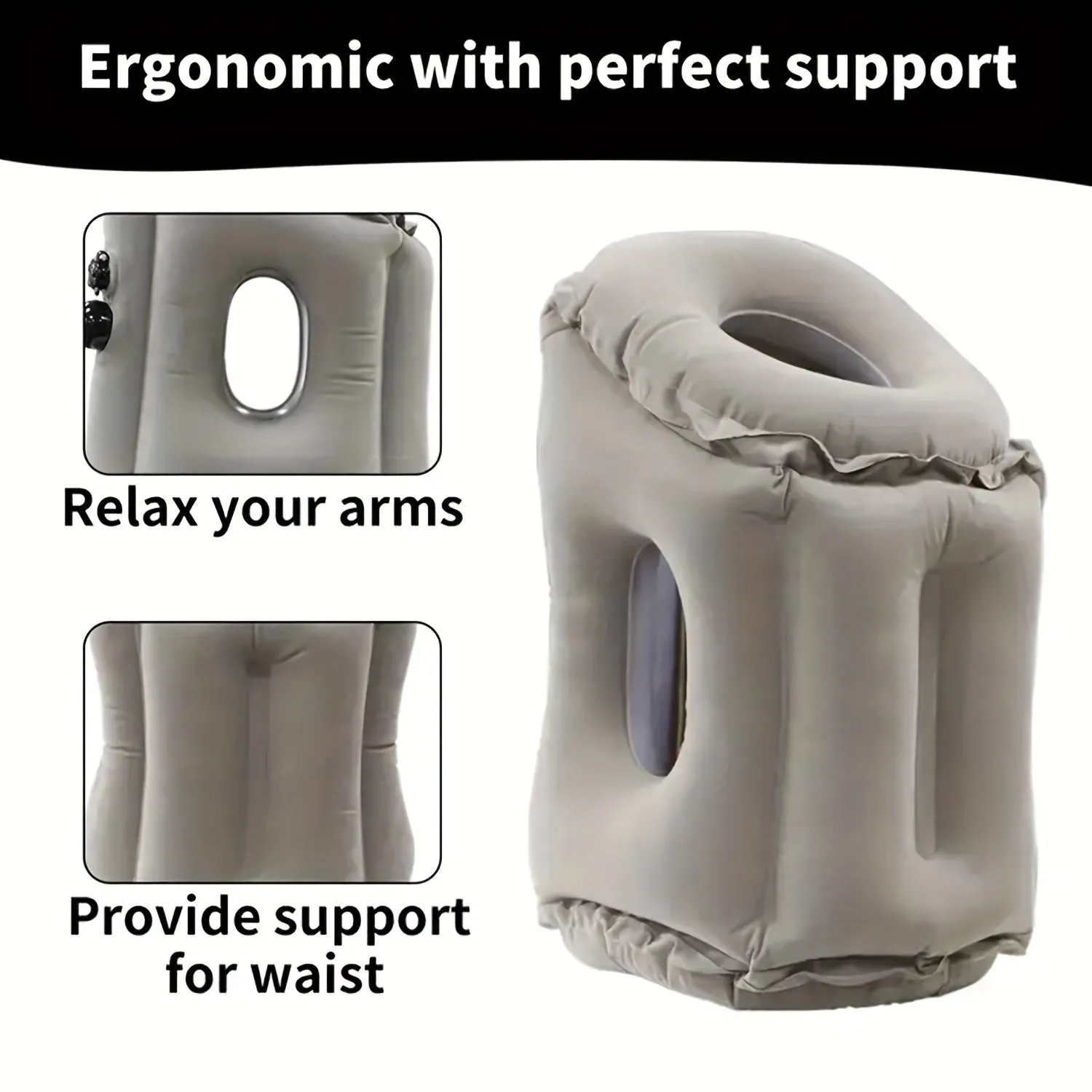 Inflatable Travel Air Pillow for Sleeping to Avoid Neck and Shoulder Pain Comfortably Support Head and Lumbar, Used for Airplane Car, Bus and Office Office Napping on The Tray Table Portable Drawstring Bag Grey