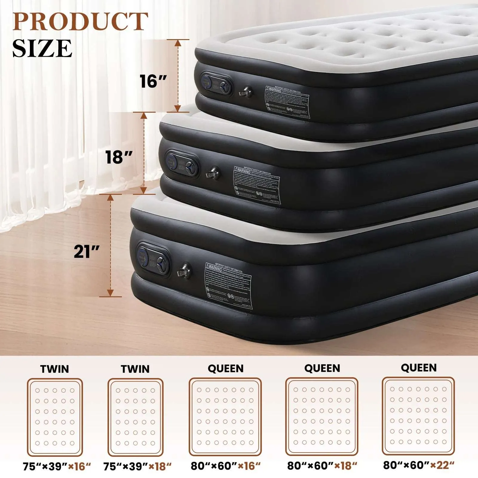 Queen & Twin Size Air Mattress - Double Height, Non-Slip Bottom, 660 lbs Capacity, Ideal for Home or Camping