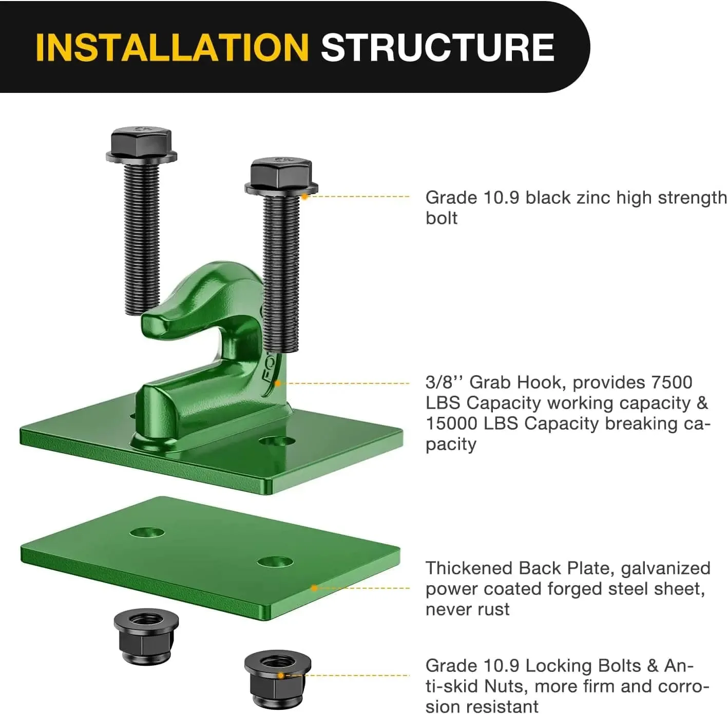 Tractor Bucket Grab Hook 3/8 Inch Dark Green (Pair)